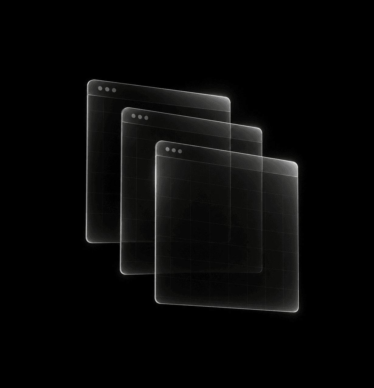 Three translucent browser windows layered in space — modern website design and development